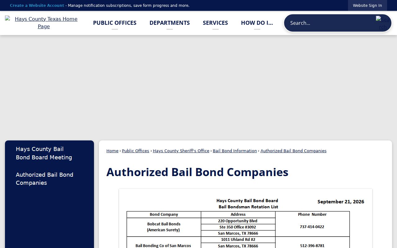Hays County warrant inquiry route with the authorized bail bond company directory