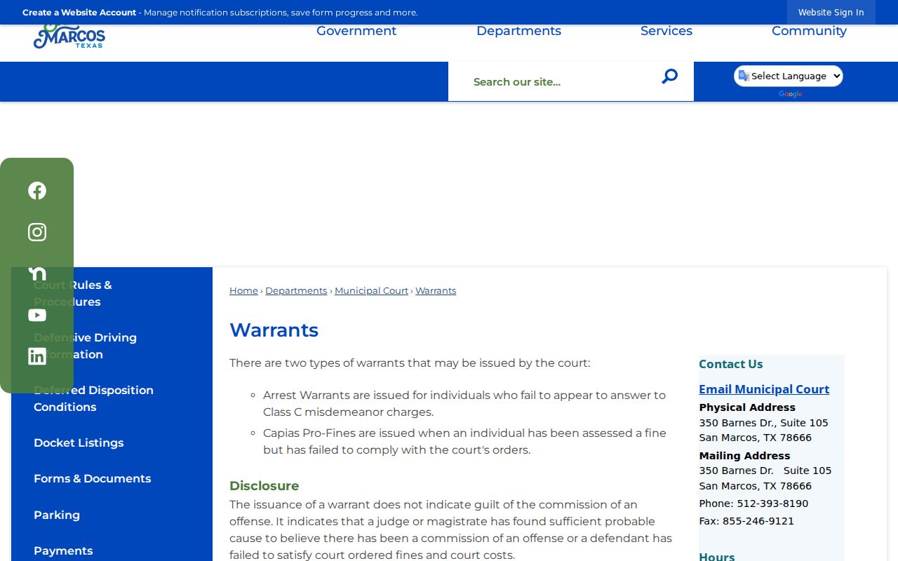 San Marcos municipal warrant terms used in Hays County city-court records