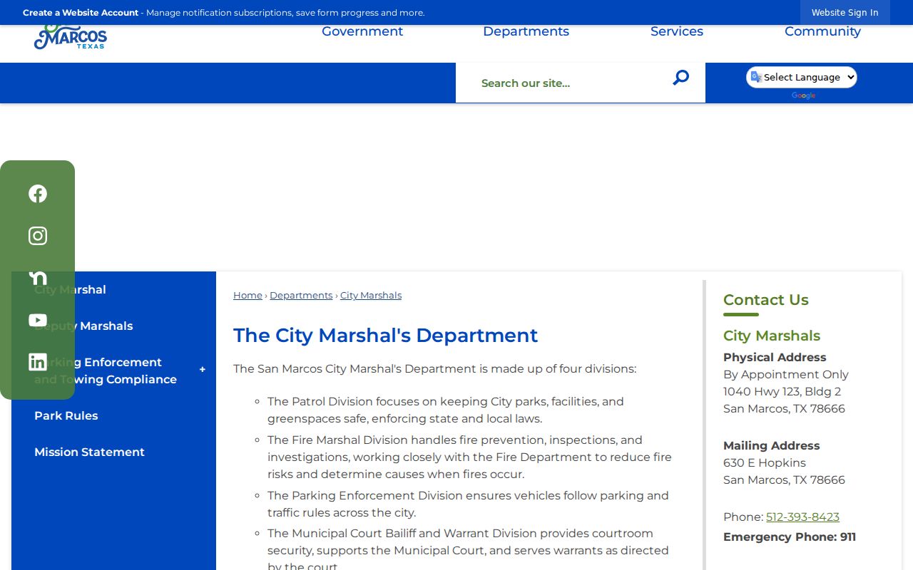 San Marcos municipal warrant division and city marshal role