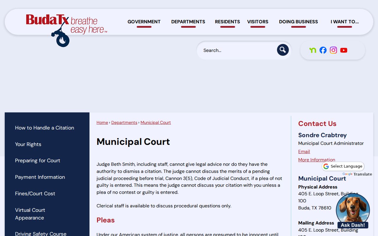 Buda Municipal Court scope, contact details, and courthouse information