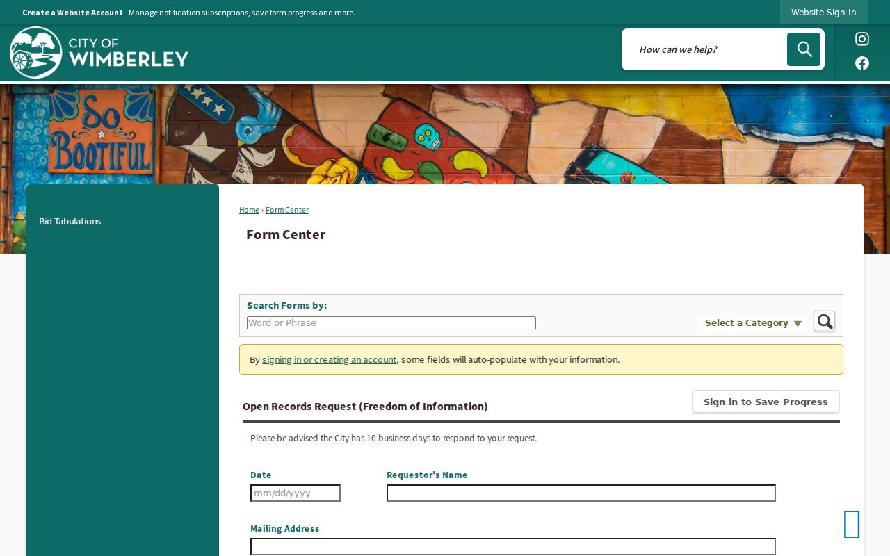 Fields available in Wimberley's public information request form
