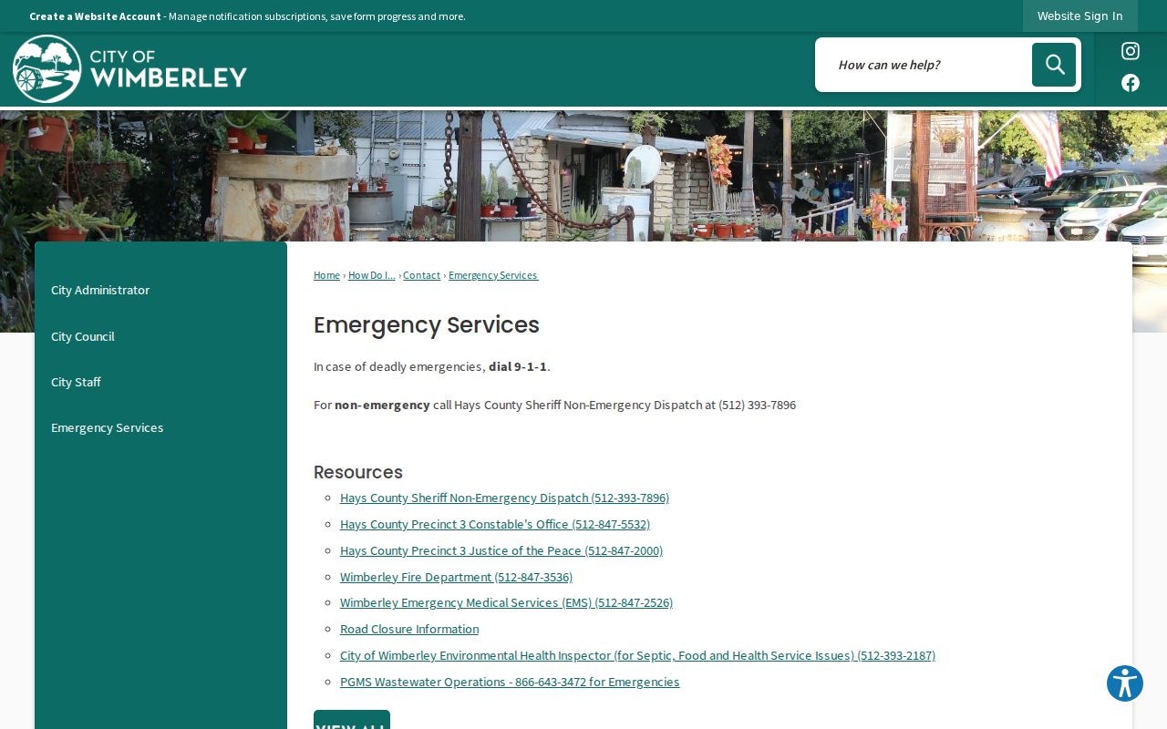 Hays County emergency services contact information for Wimberley area