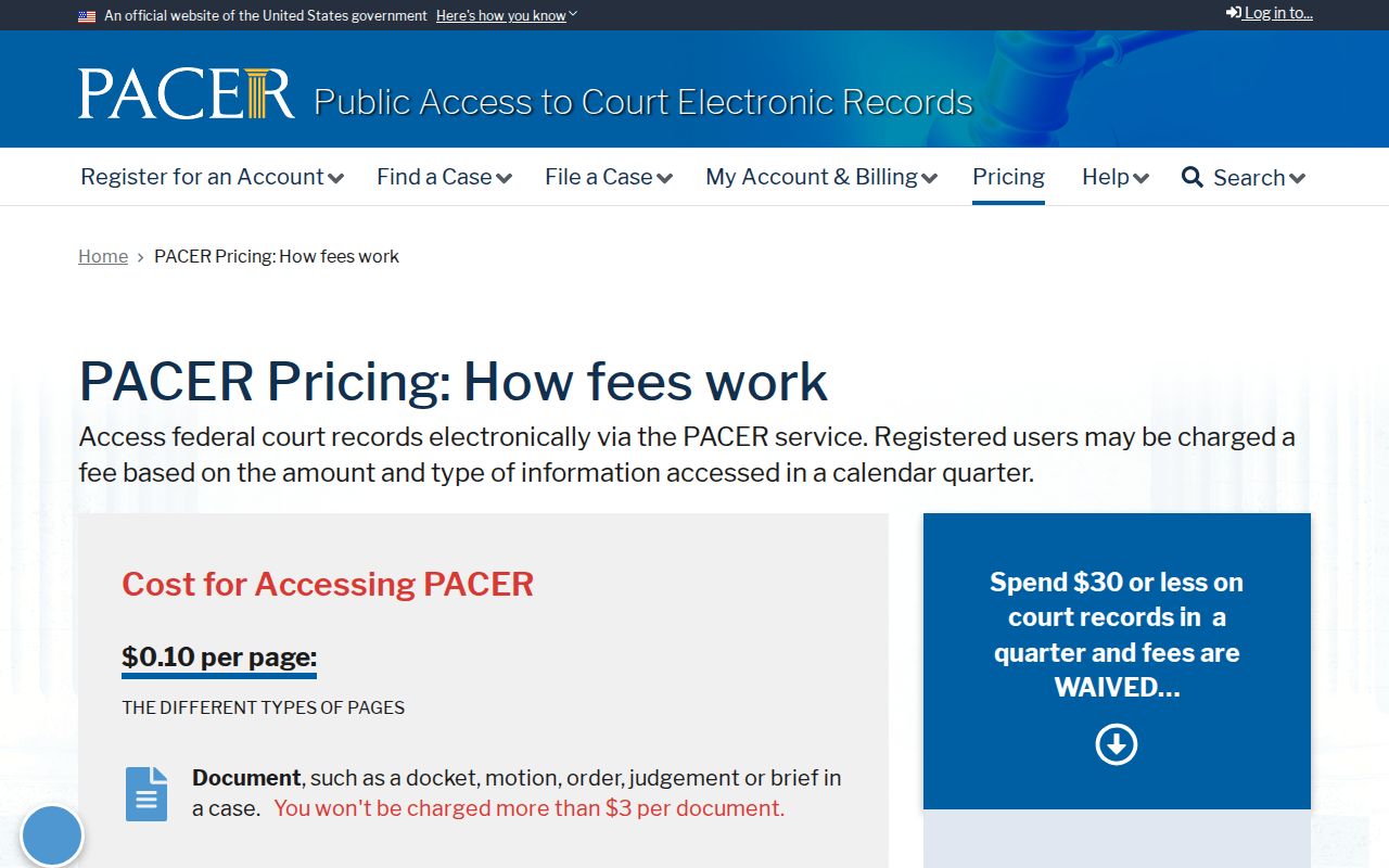 PACER federal court records access and pricing information