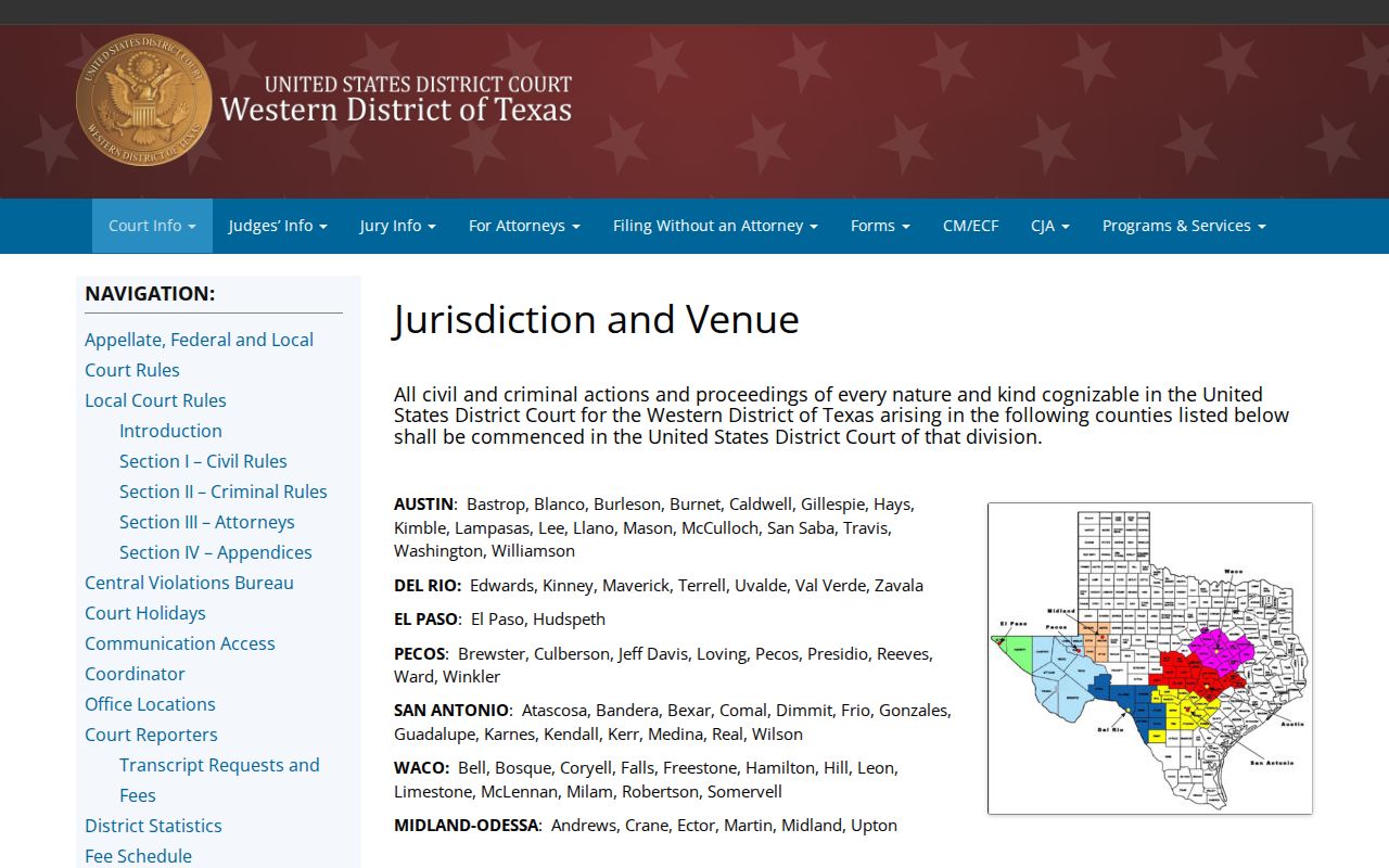 Federal court venue information connecting Hays County to Austin